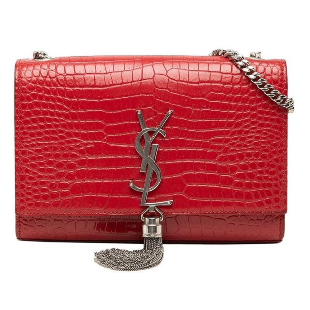 Saint Laurent YSL Logo Monogram Kate Tassel Croc Embossed Chain Shoulder Bag